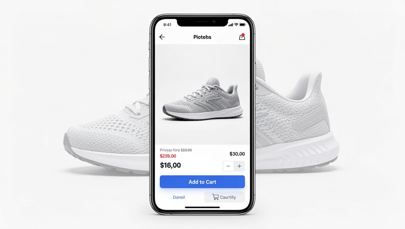 Clean professional UI/UX illustration of a mobile e-commerce product page with a prominent sticky bottom bar featuring a large add to cart button, price display, and quantity stepper. Subtle sneakers background, modern minimal design with high-contrast colors and crisp vector elements.