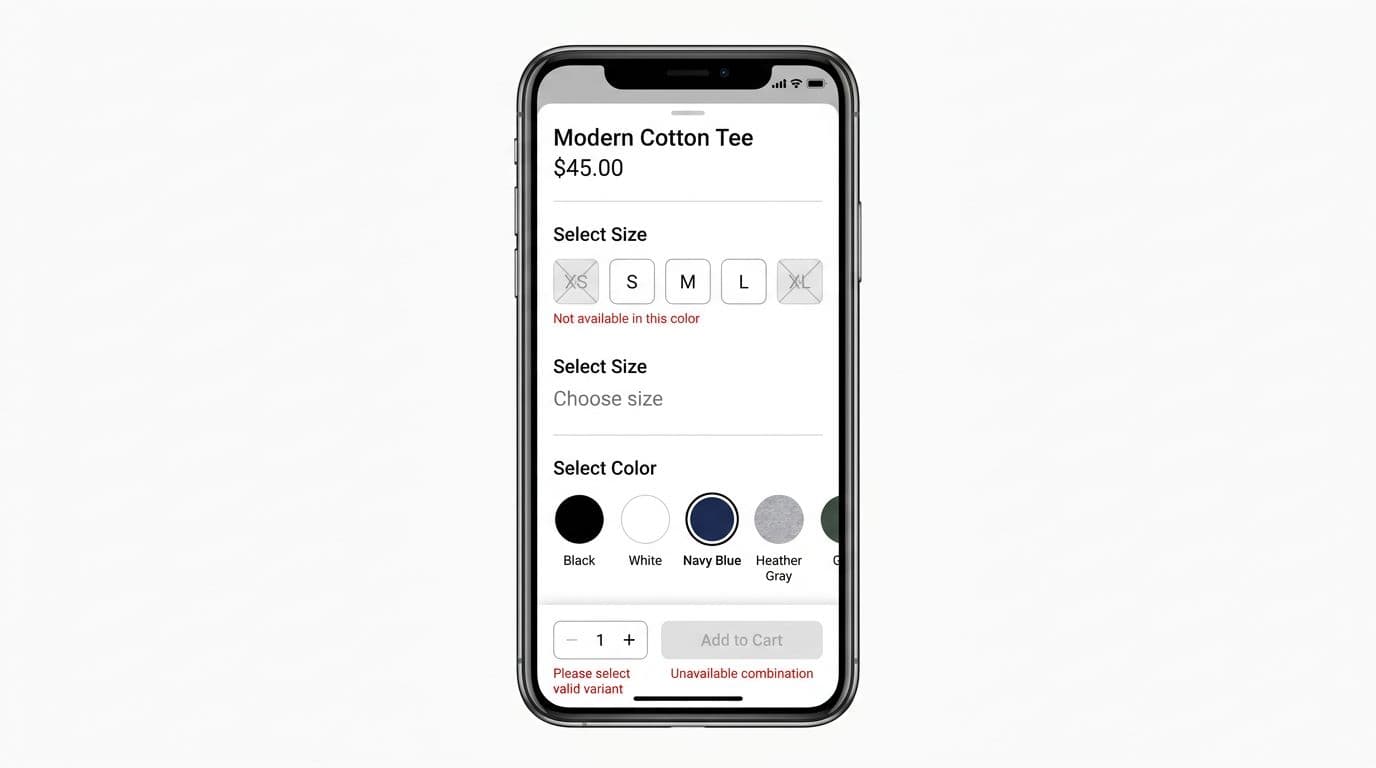 High-fidelity UI mockup of a clean, modern mobile e-commerce app showing size chips, color swatches, validation for unavailable combinations, and disabled add-to-cart button in a phone frame.