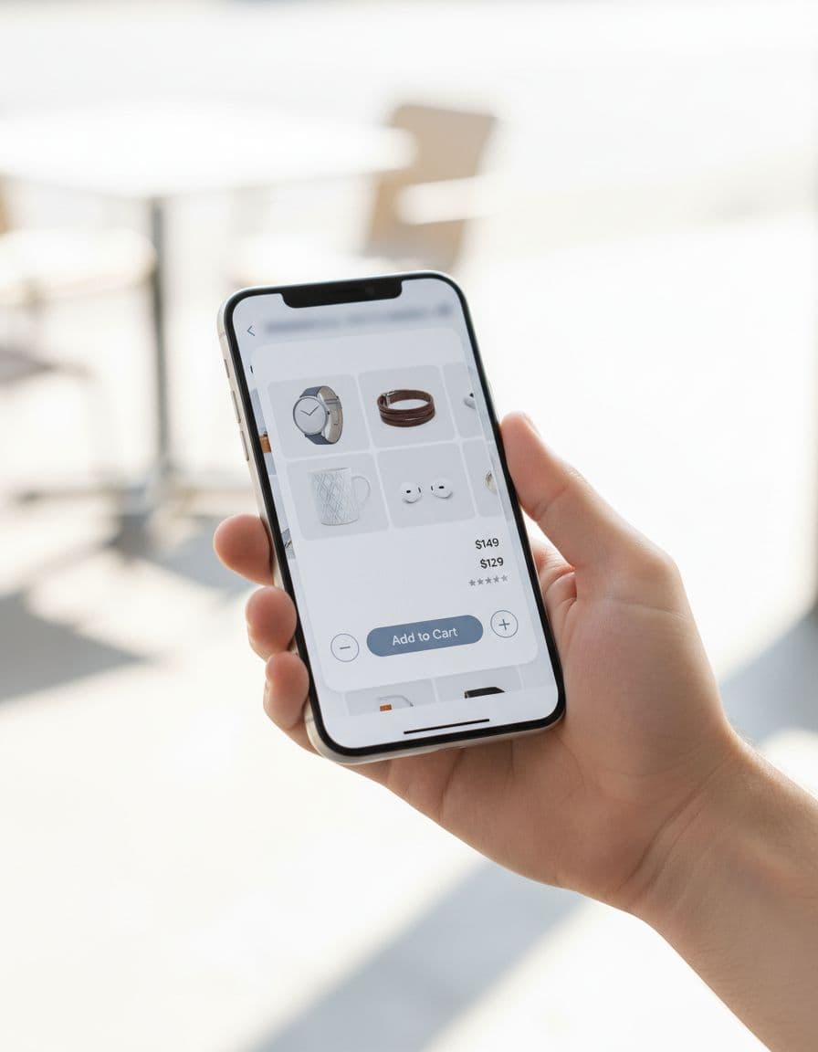 Smartphone held in hand displaying a quick view modal overlay for ecommerce: top half swiping through product images, bottom half with compact details, price variants, add to cart button, and ratings in thumb-friendly portrait layout.