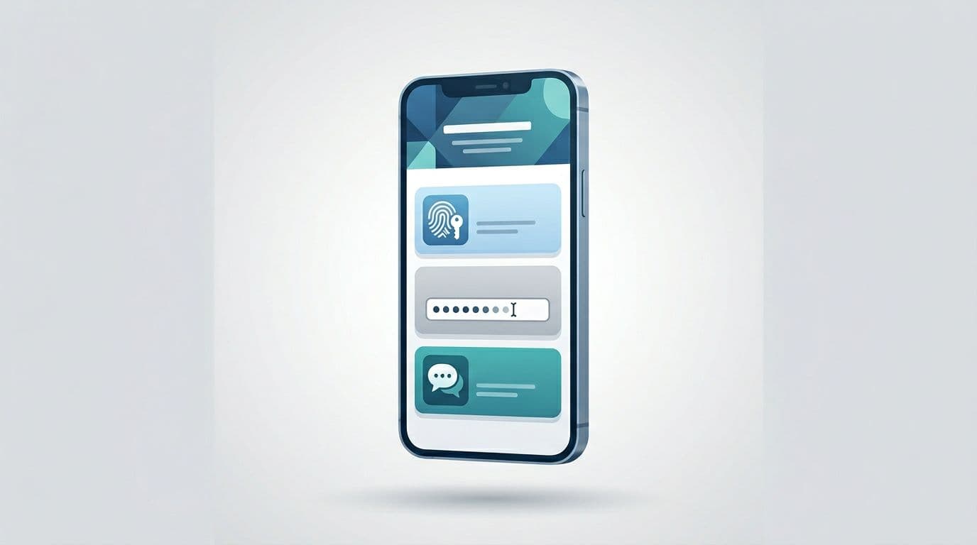 Modern SaaS-style illustration of a mobile ecommerce recovery screen showing passkey icon, password entry field, and support chat bubble on a single angled phone device with clean flat design.