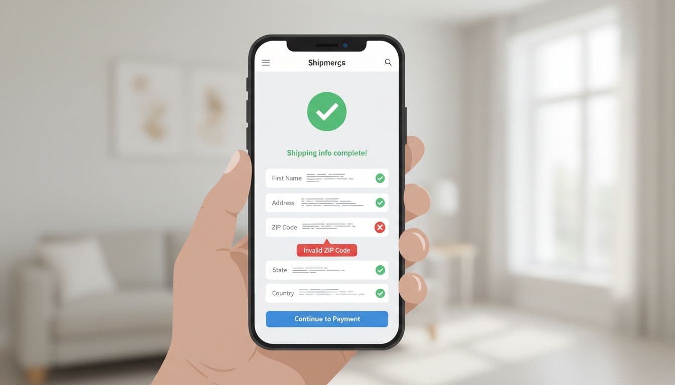 E-commerce mobile screen illustrating shipping form with inline validation: error message for invalid zip code and success checkmark for valid input, clean design held in hand at natural angle.