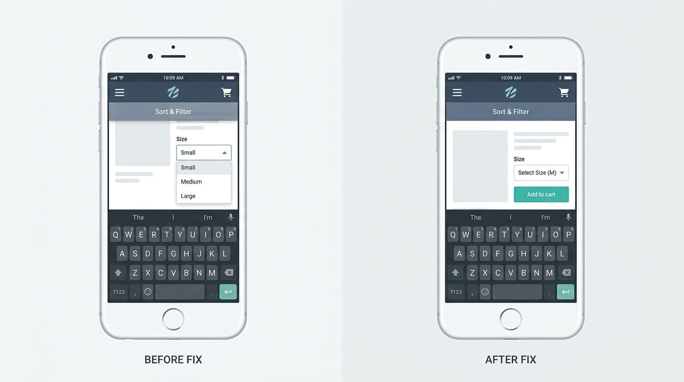 Vector illustrations in crisp flat design showing before and after fixes for mobile phone screen sticky bar problems: normal top bar, overlapping fixed nav, keyboard pushing bar up, and variant selector dropdown open. Professional ecommerce UX style in landscape composition with one phone per scene, full edge-to-edge visuals.