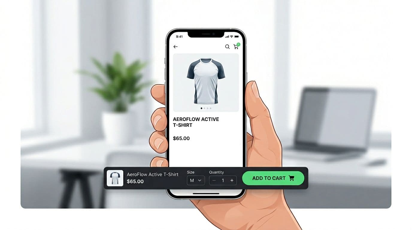 Clean professional ecommerce UX illustration of a modern smartphone held in one hand displaying a product page with sticky add-to-cart bar at the bottom, featuring thumbnail, price, size dropdown, quantity, and green Add to Cart button on minimalist high-contrast white background.