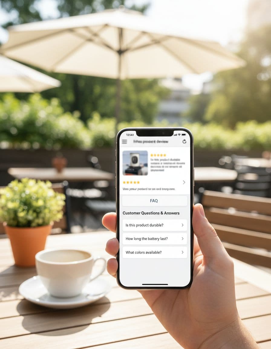 Smartphone held in one hand displaying a product review page with FAQ block in portrait mode at an outdoor cafe table, thumb near expandable question, natural daylight, clean focus.