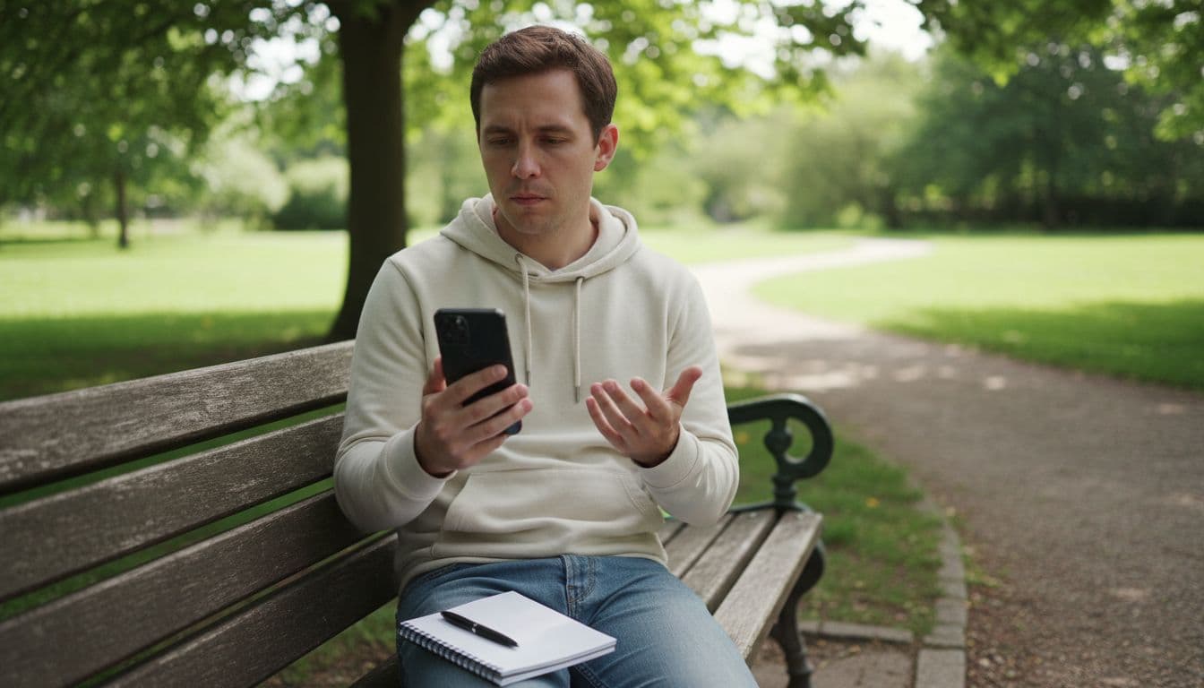 Person on park bench holds smartphone in relaxed hand, notebook beside, focused expression outdoors.