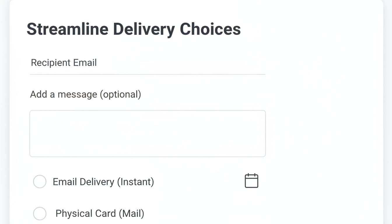 Simple clean wireframe of gift card delivery options section on an e-commerce page with vertical mobile layout, featuring radio buttons for 'Email Delivery (Instant)' and 'Physical Card (Mail)', date picker icon, recipient email input, and add message textarea on a white background.