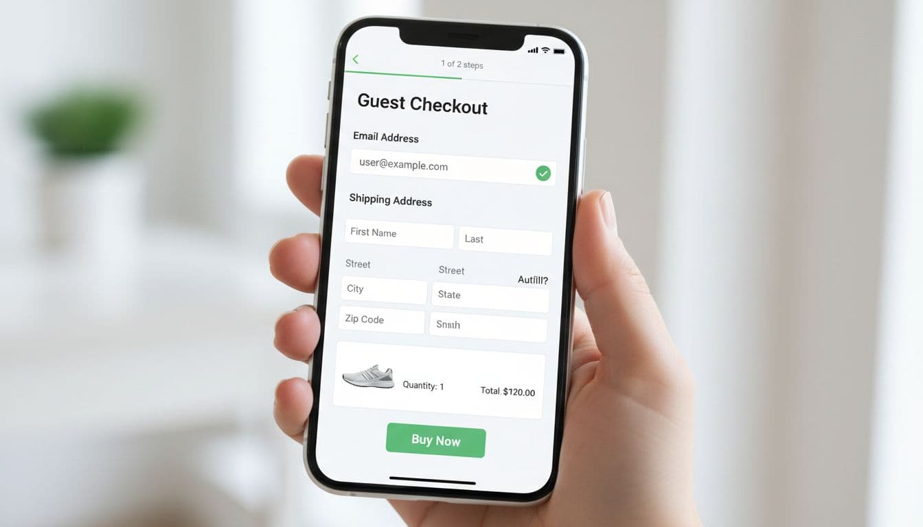 Clean mobile phone screen in landscape orientation showing a simplified ecommerce guest checkout form with email validation green checkmark, shipping address autofill suggestion, progress bar, and buy now button.