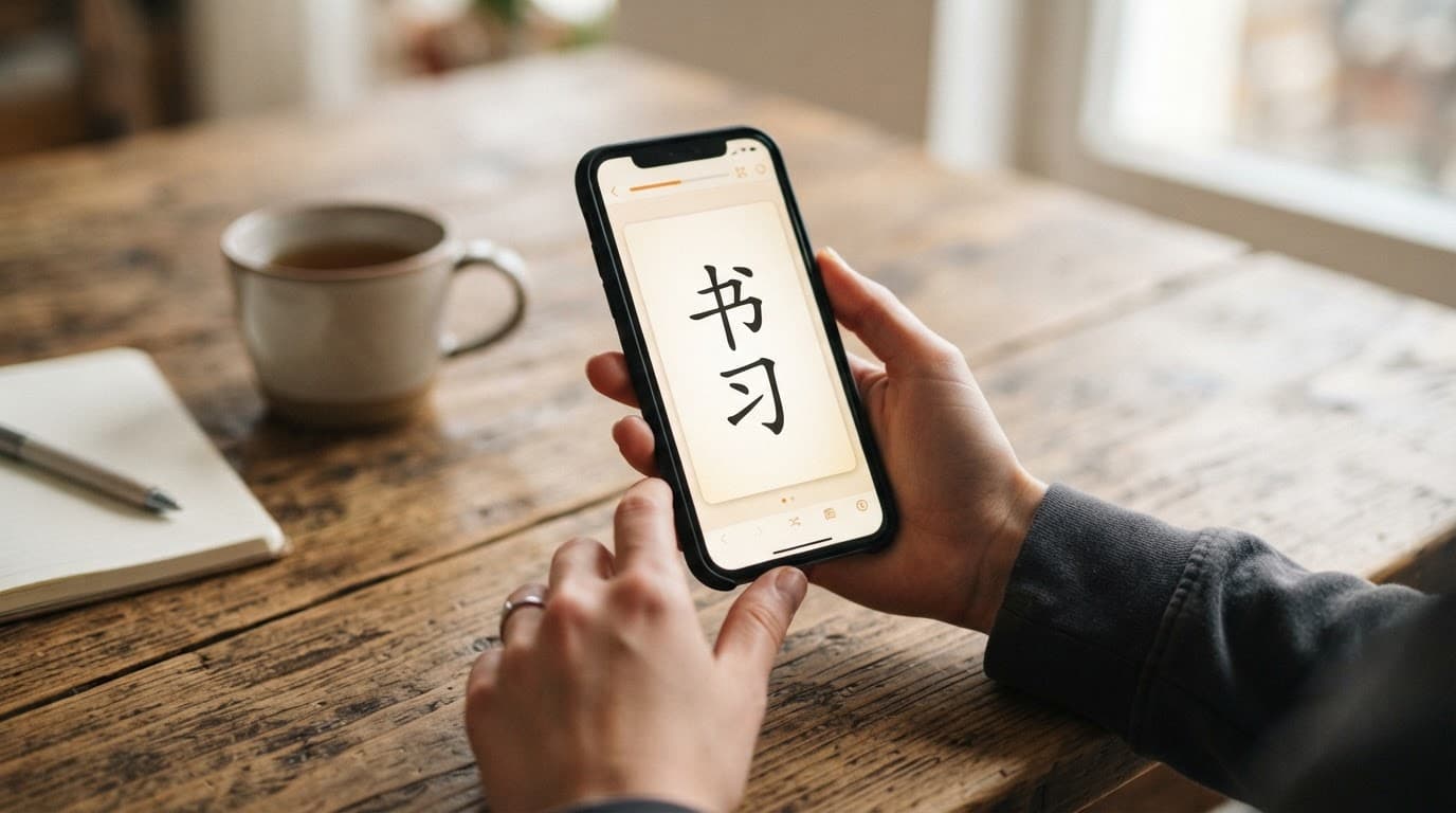 Hands holding a phone displaying study flashcards on a wooden table.