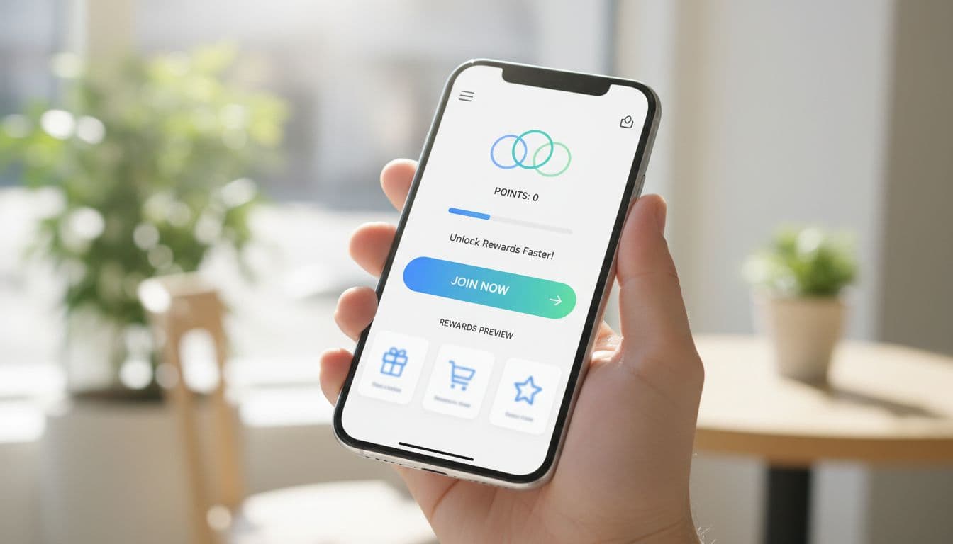 A clean smartphone screen displays a loyalty program signup page held relaxed in one hand, featuring a simple join CTA button, points display, and rewards preview in modern ecommerce style with bright natural lighting.