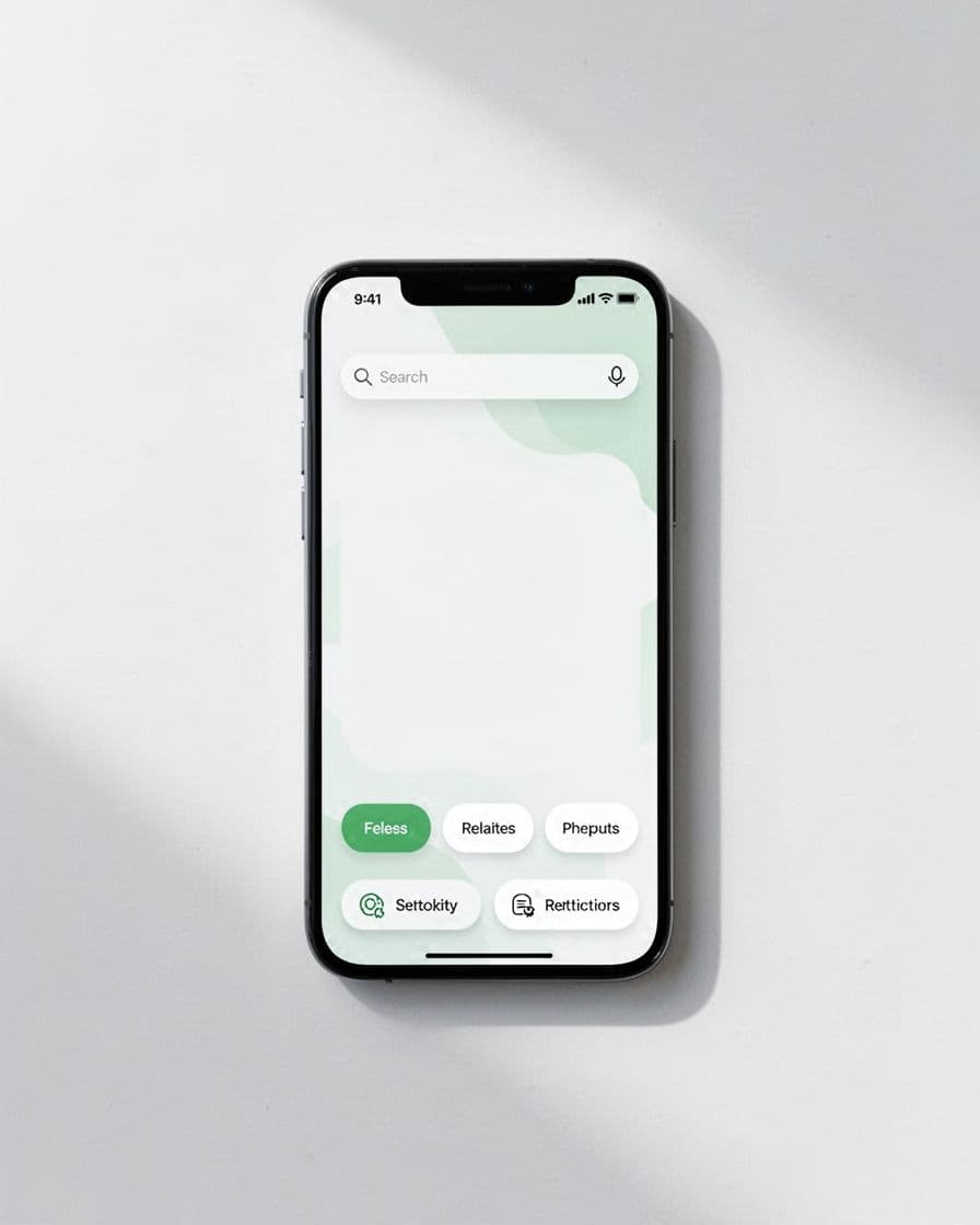 Realistic 3D render of a smartphone in portrait orientation displaying an ecommerce no-results category page with search query, 'No results' message, refine search suggestions, filter chips, and related categories in a modern clean design with neutral colors and green accents.
