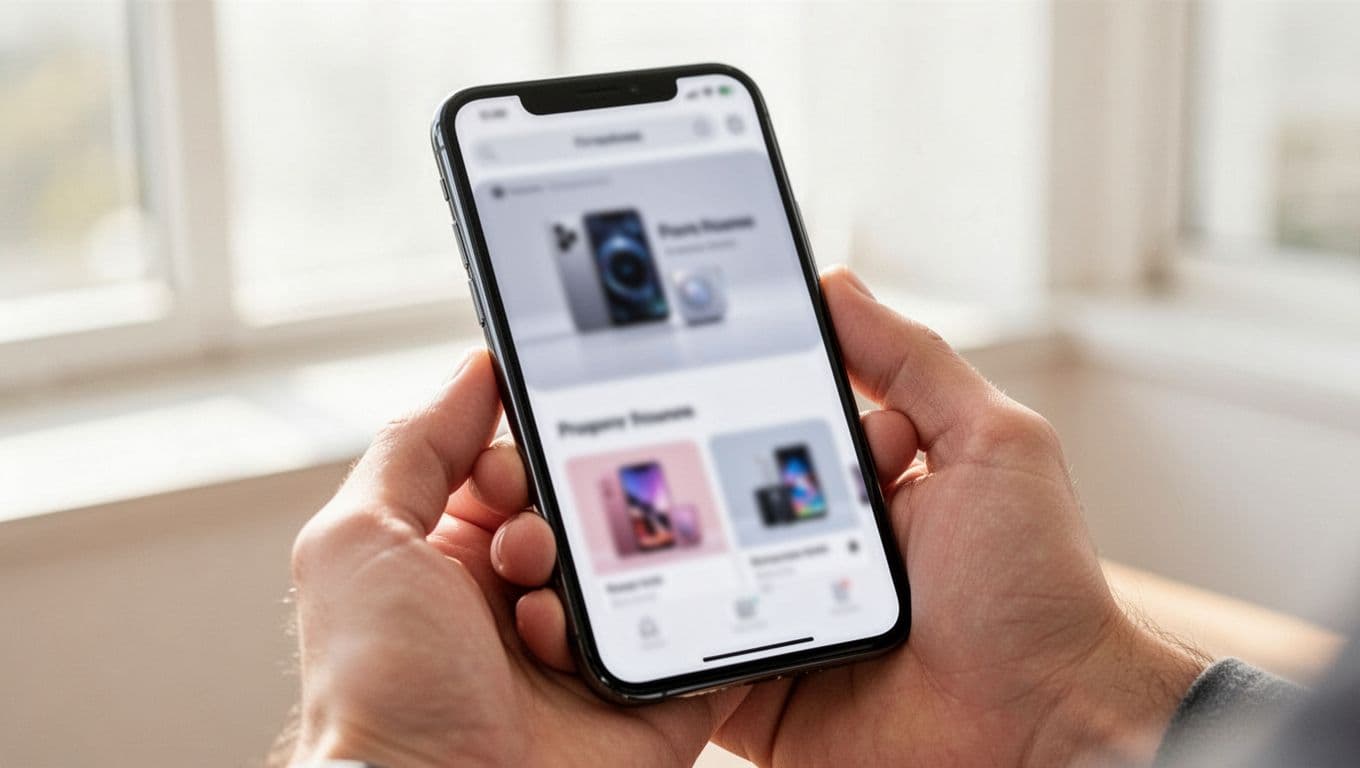 Ecommerce brand page on a mobile device screen, featuring fast-loading hero image, brand info, product carousel, and easy navigation. Phone held naturally at an angle in a bright room with natural light, screen slightly blurred, hand partially visible.
