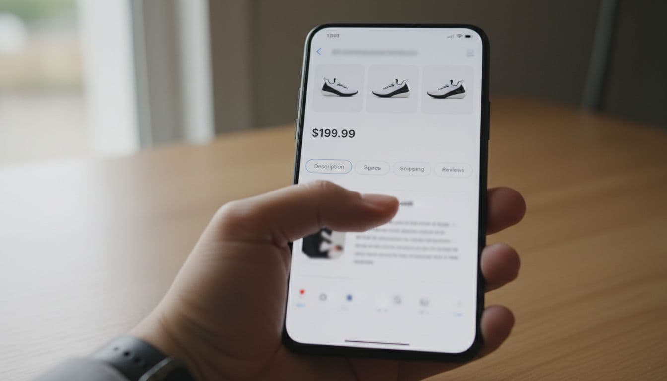 Photorealistic close-up of a hand holding a modern smartphone on a desk, screen displaying a product detail page with horizontal tabs for Description, Specs, Shipping, and Reviews; clean white interface, focus on screen and thumb.