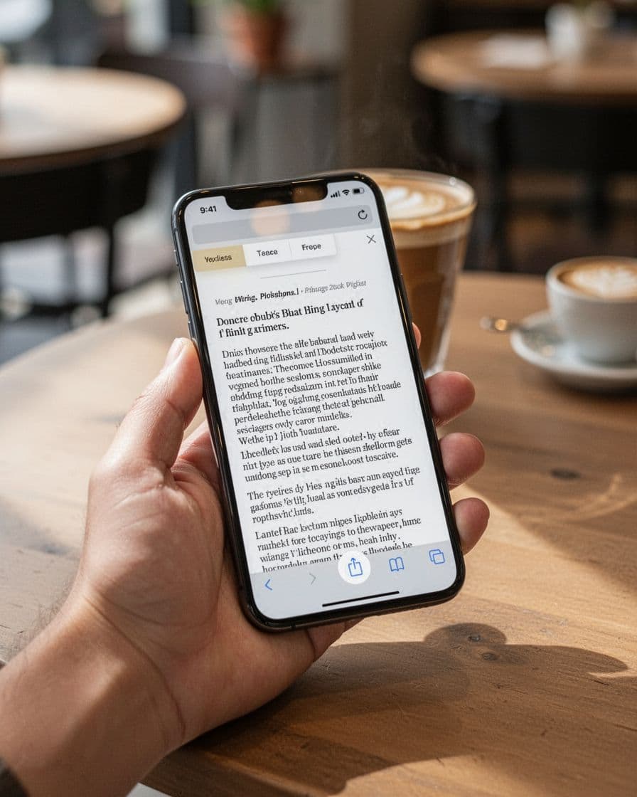 Casual hand holds a modern smartphone displaying a long blog post featuring a sticky jump link navigation bar at the top, set against a blurred cafe table background with soft natural light.