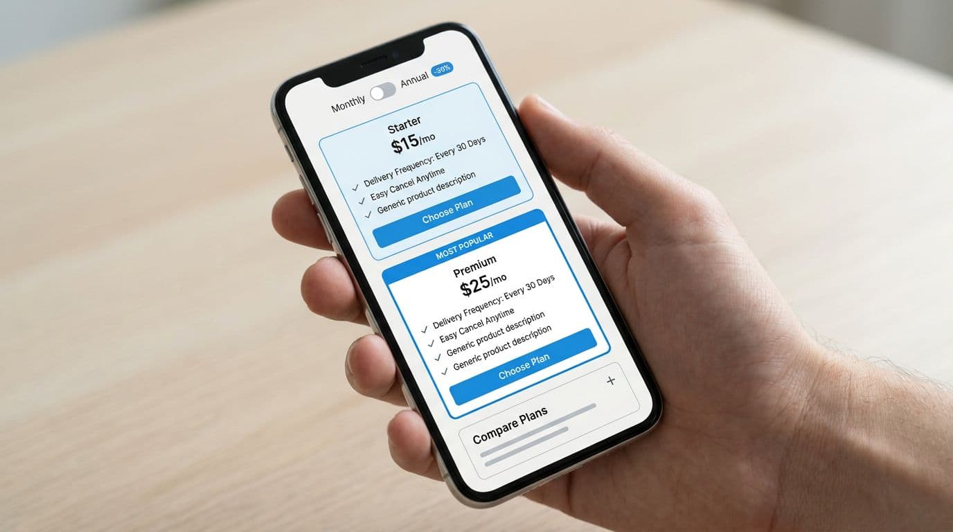 Vector illustration of a clean minimalist mobile-first pricing page for a DTC subscription store, shown on a smartphone held in one relaxed hand. Features stacked plan cards with highlighted popular option, monthly/annual switch, key features list, and accordion comparison table.
