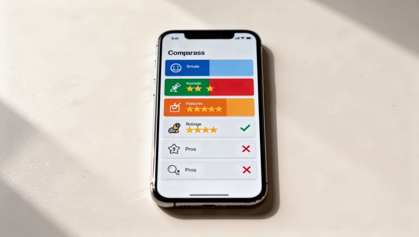 Smartphone screen on plain table shows stacked rows of product comparison with icons, star ratings, and pros-cons indicators.