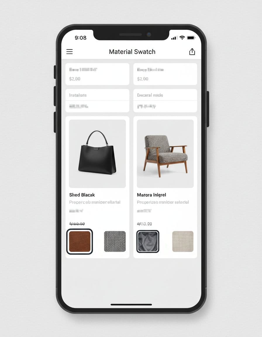 Phone screen shows two adjacent product cards, each with image above material swatches, one swatch selected per card.