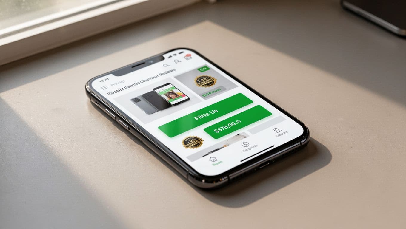 Smartphone on desk displays affiliate review page with green buy now buttons, product images, and trust badges.
