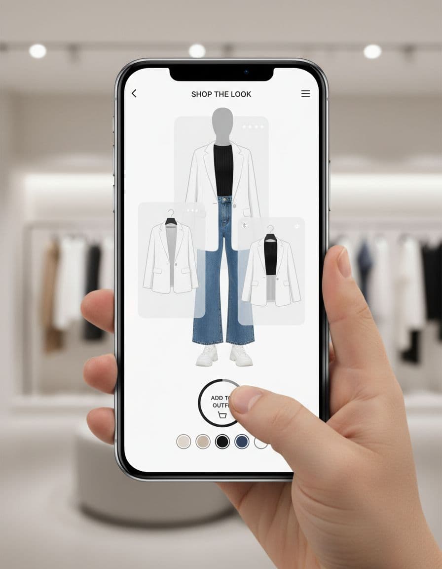 Smartphone held naturally in one hand displays clean ecommerce Shop the Look app UI with thumb tapping add to outfit button on swipeable outfit layers over body silhouette.