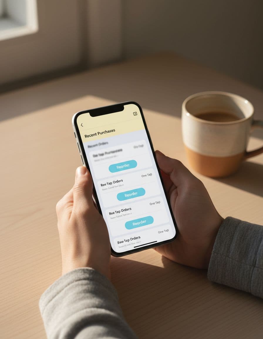 Smartphone screen showing mobile-optimized Shopify customer account page with order list, one-tap reorder buttons, and highlighted recent purchases in pastel colors, held relaxed by two hands on wooden desk with coffee mug, warm lighting, portrait view.