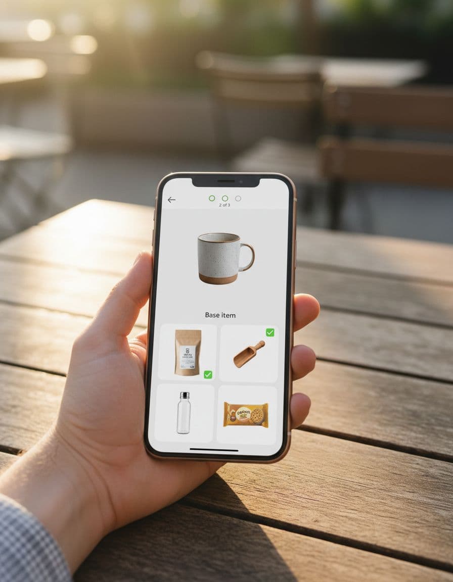 Smartphone held in relaxed hand at outdoor cafe table under soft sunlight, screen showing Shopify bundle builder in portrait mode at step 2 of 3 with selected add-ons and thumb hovering.