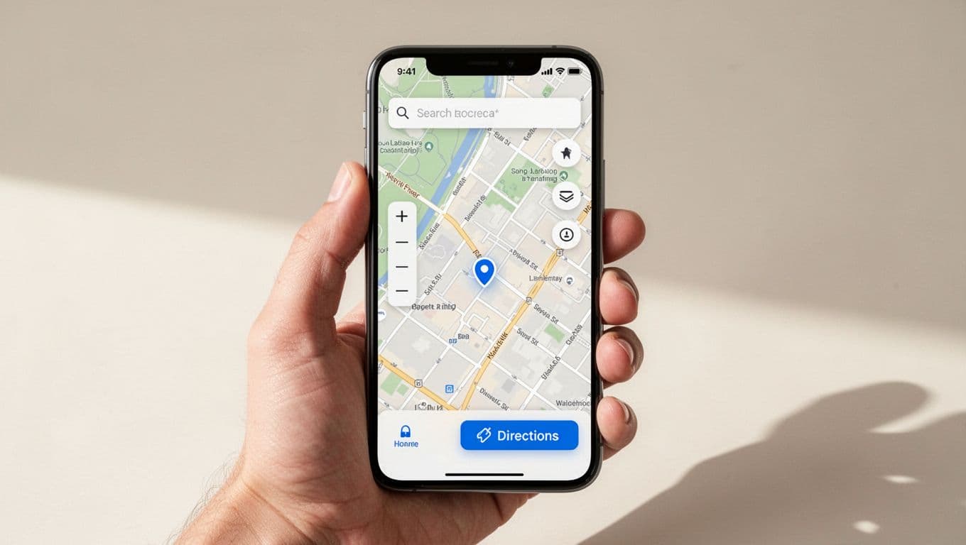 Smartphone screen showing clean store locator with interactive map, search bar, service filters, and directions button, held by user hand in modern SaaS UI.