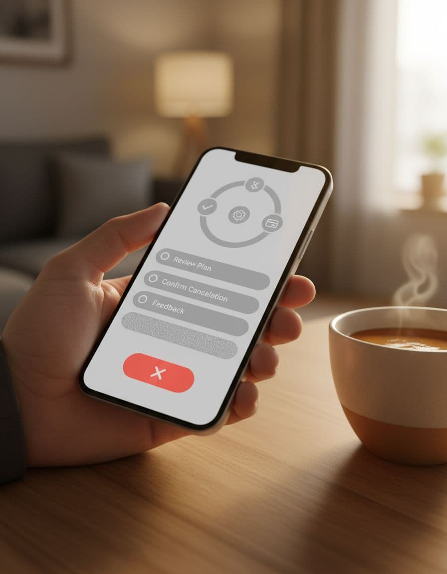 Mobile phone held in a relaxed hand showing subscription cancellation flow with icon progress steps, coffee mug nearby on table, photorealistic with warm indoor lighting, no text or extra items.