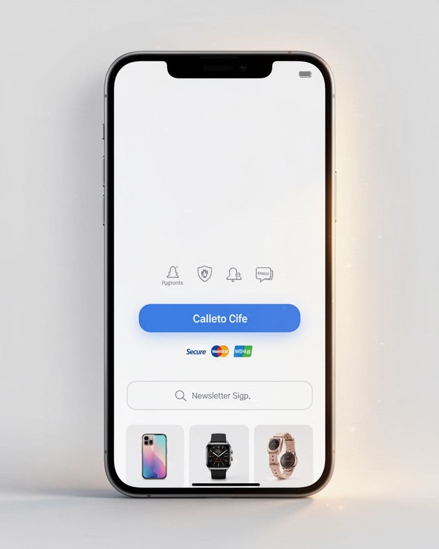 Professional clean website UX illustration of about page lower section transitioning to purchase, featuring prominent shop now CTA button, trust badges, secure payment icons, newsletter signup form, and subtle product recommendations teaser on mobile phone screen in portrait view with minimalist brand-forward style and soft glow lighting.