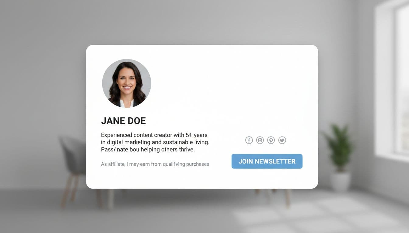 Clean modern affiliate author box template example on a blog sidebar or footer: round professional headshot of one person smiling, name in bold, short bio text area mentioning years of experience and niche expertise, small affiliate disclosure line, social media icons, one newsletter signup button. Neutral background, professional lighting, simple layout.