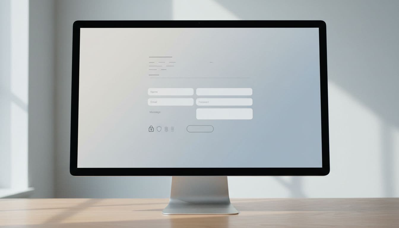 Desktop screen shows minimalist contact form with name, email, message fields and secure lock icon.