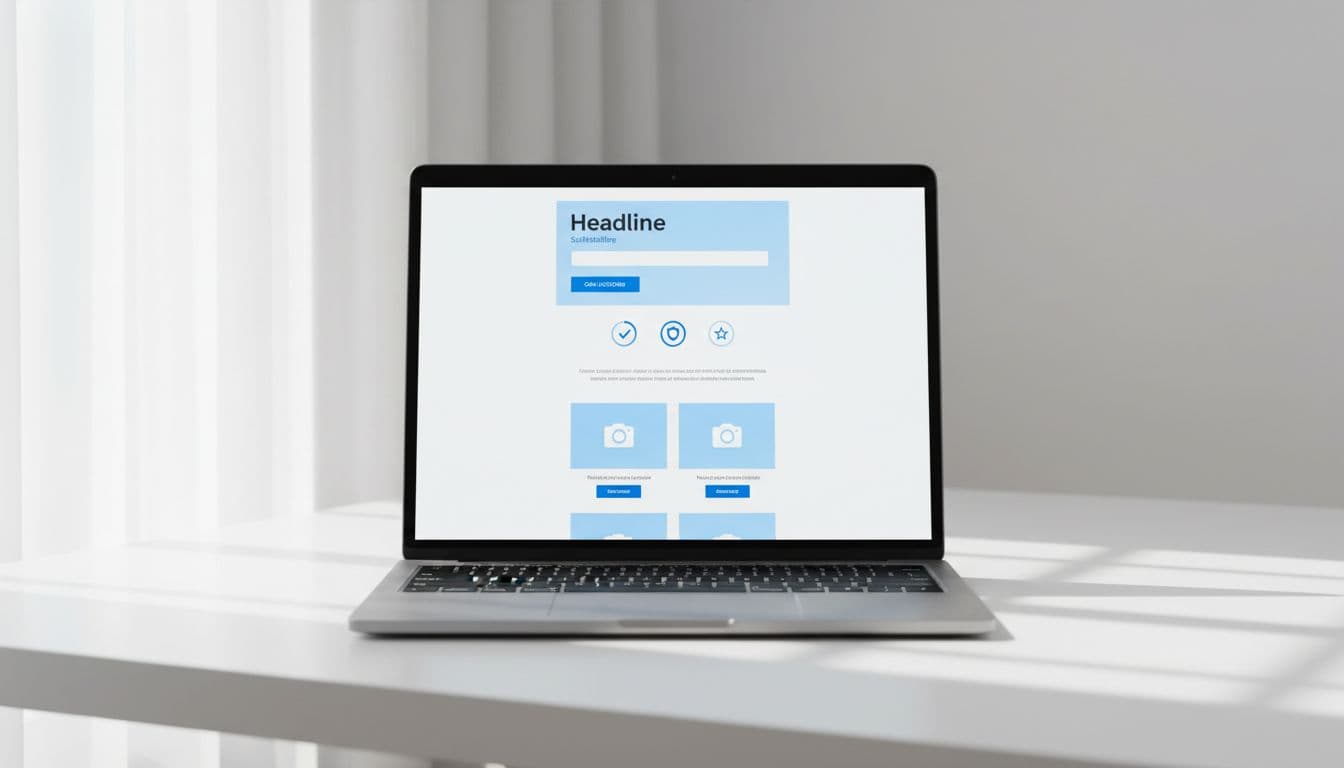 Realistic photo of a single laptop centered on a white desk with soft natural lighting, displaying a clean modern affiliate homepage layout. Includes hero section with headline and CTA, trust badges, short about paragraph, and featured affiliate products grid in minimalist blue and white design.