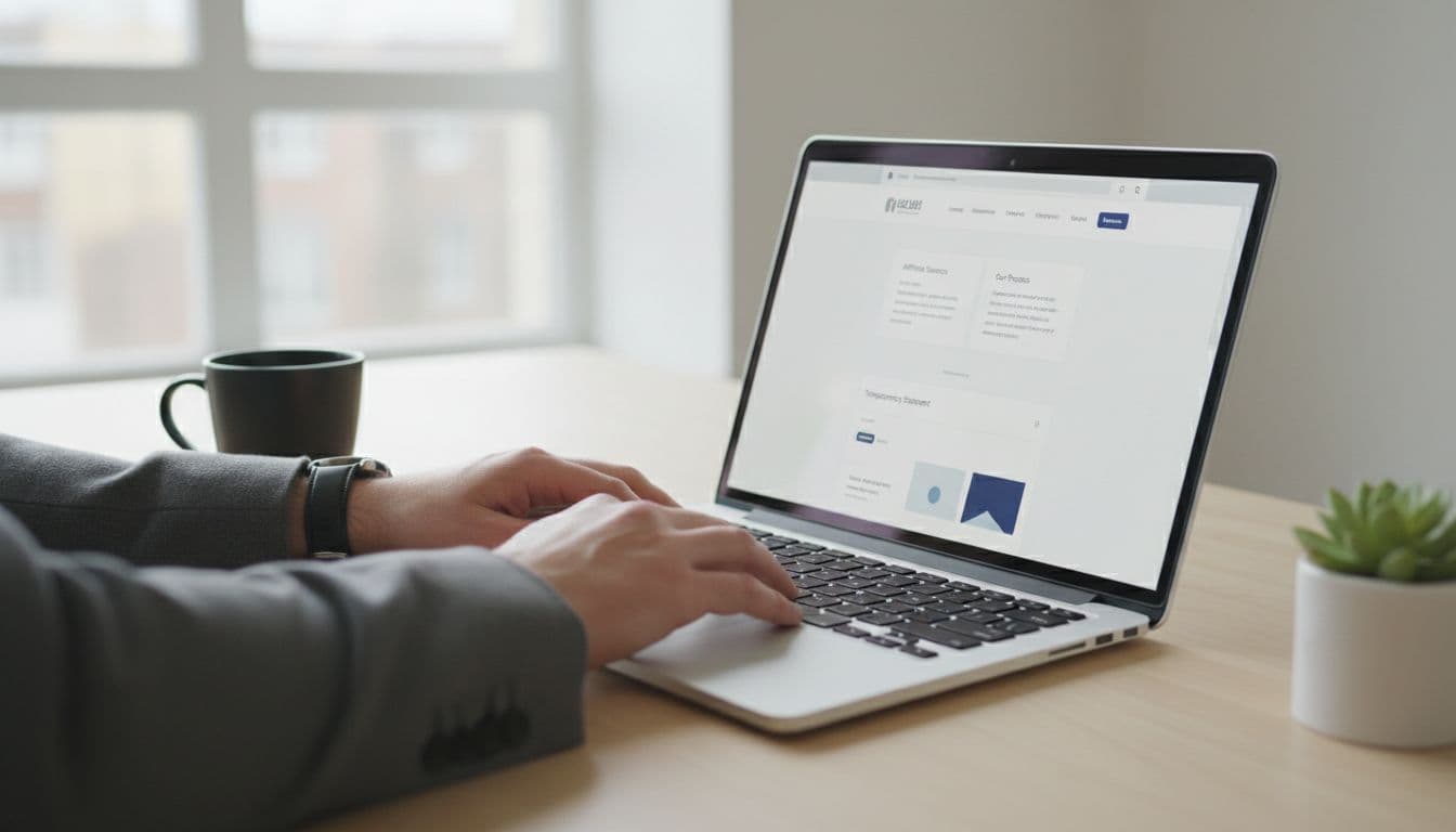 A person works at a minimalist desk featuring a laptop displaying a website layout. Beside the device sits a steaming coffee cup, all illuminated by soft natural light from a window.