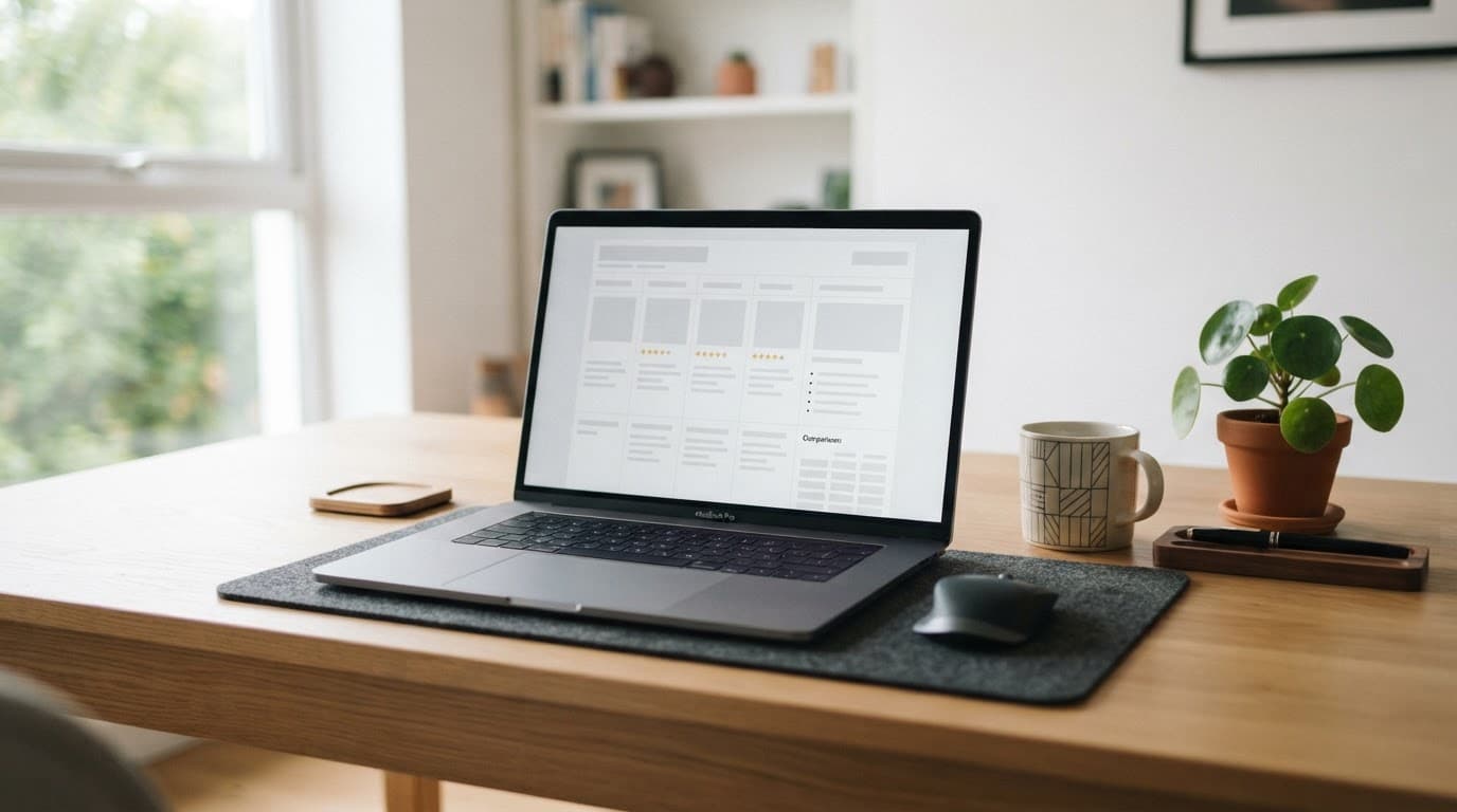 A clean desk setup with a laptop showing a website layout next to a window.