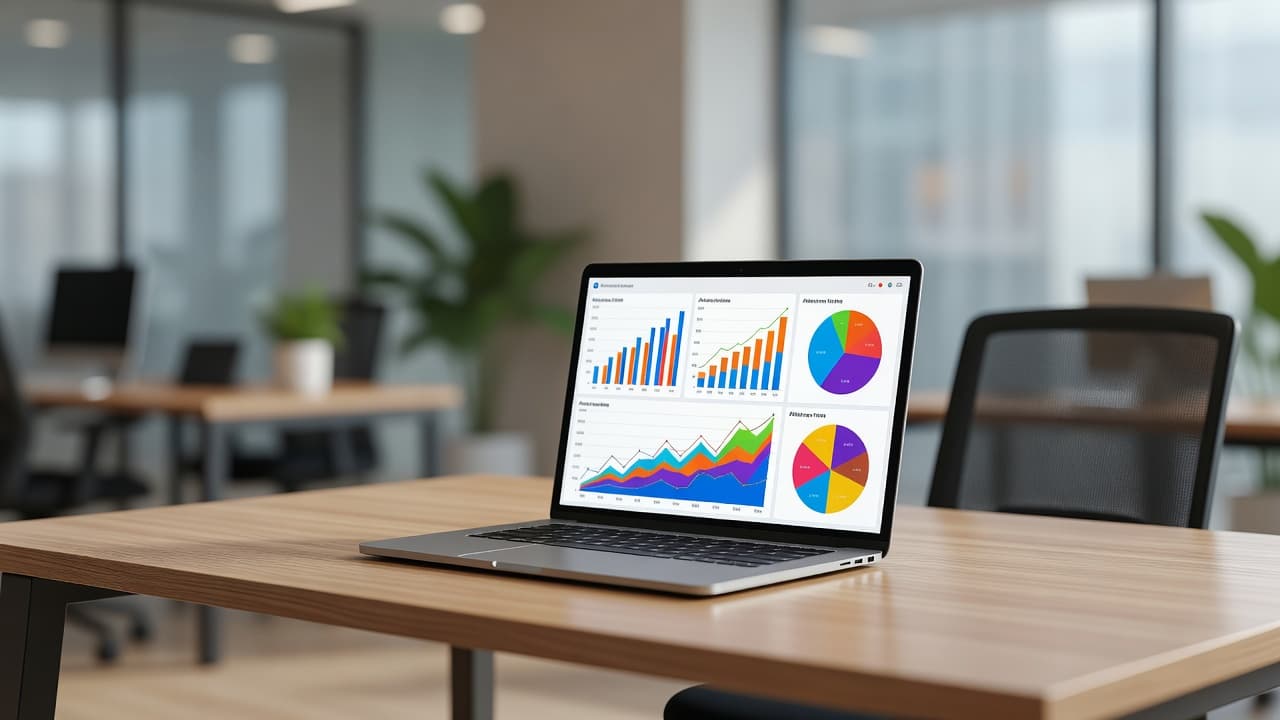A sleek laptop sits on a clean desk displaying vibrant colorful data graphs and charts. The background features a soft-focus office setting illuminated by warm natural light streaming from nearby windows.