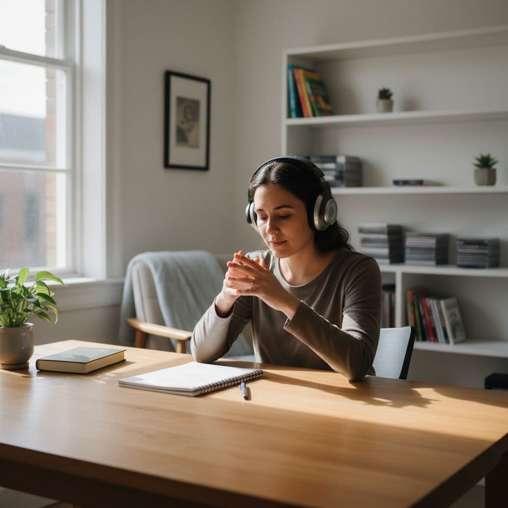 Michel Thomas Review for Serious Learners in 2026 2 A person wearing headphones sits calmly at a minimalist wooden table in a bright study.