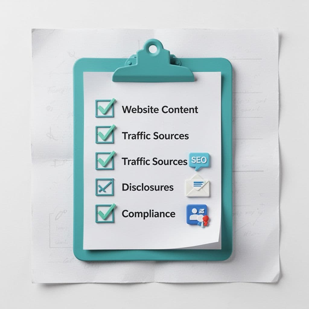 Crisp vector illustration of a centered clipboard with four checkmarked icons for website content, traffic sources, disclosures, and compliance, featuring subtle SEO, email, and social media symbols on a light background with teal accents and faint paper texture.