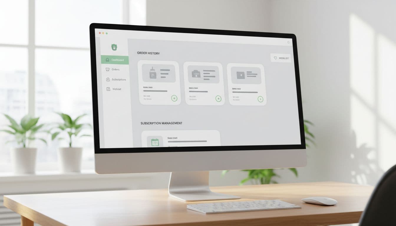 Desktop screen in a bright office displays a clean modern ecommerce customer account dashboard with simplified order history cards, reorder icons, subscription management, and wishlist tab.