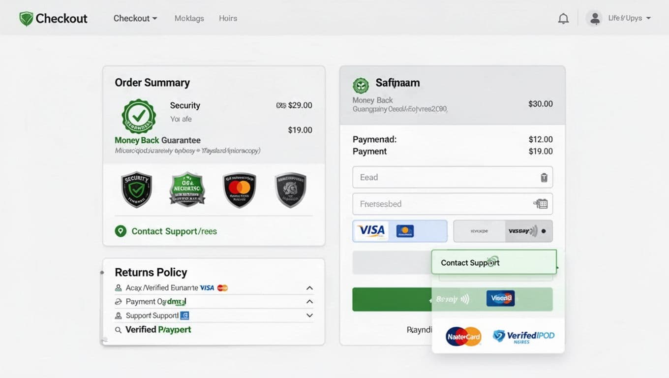 Clean, modern UX wireframe illustration of an ecommerce checkout page featuring trust signals like money-back guarantees, security badges, contact support, returns policy, and verified payment icons. Minimalist grayscale style with green accents, flat UI, high readability, landscape ratio, layout-focused without text details, people, or devices.
