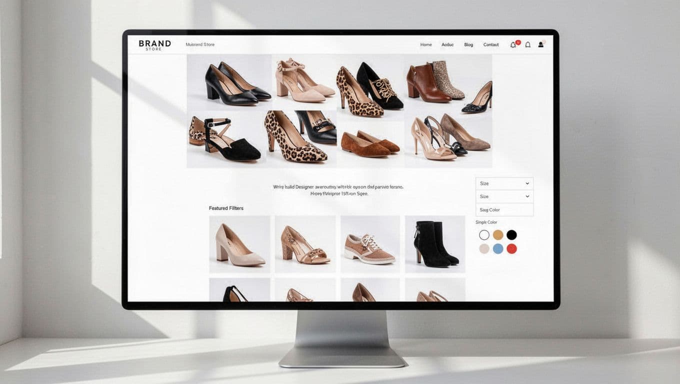 Clean professional layout for a multi-brand ecommerce store featuring designer shoes, with hero product collage, brand description space, featured products grid, and sidebar filters for size and color on white background.