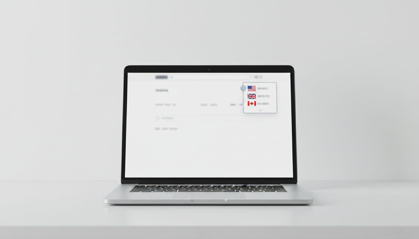 Modern ecommerce website header on a laptop screen displaying a prominent country selector with globe icon and dropdown for US, UK, Canada flags on clean white background, centered realistic composition with soft lighting.