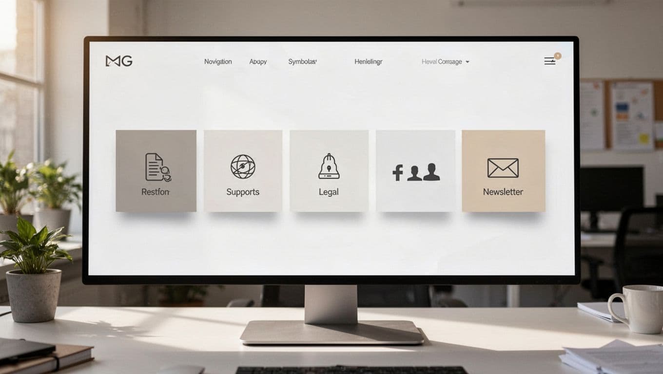 Modern ecommerce website footer on desktop screen with columns for company links, customer support, legal policies, social media icons, and newsletter signup. Clean neutral design with subtle shadows for professional trustworthy appearance, landscape focus on footer.