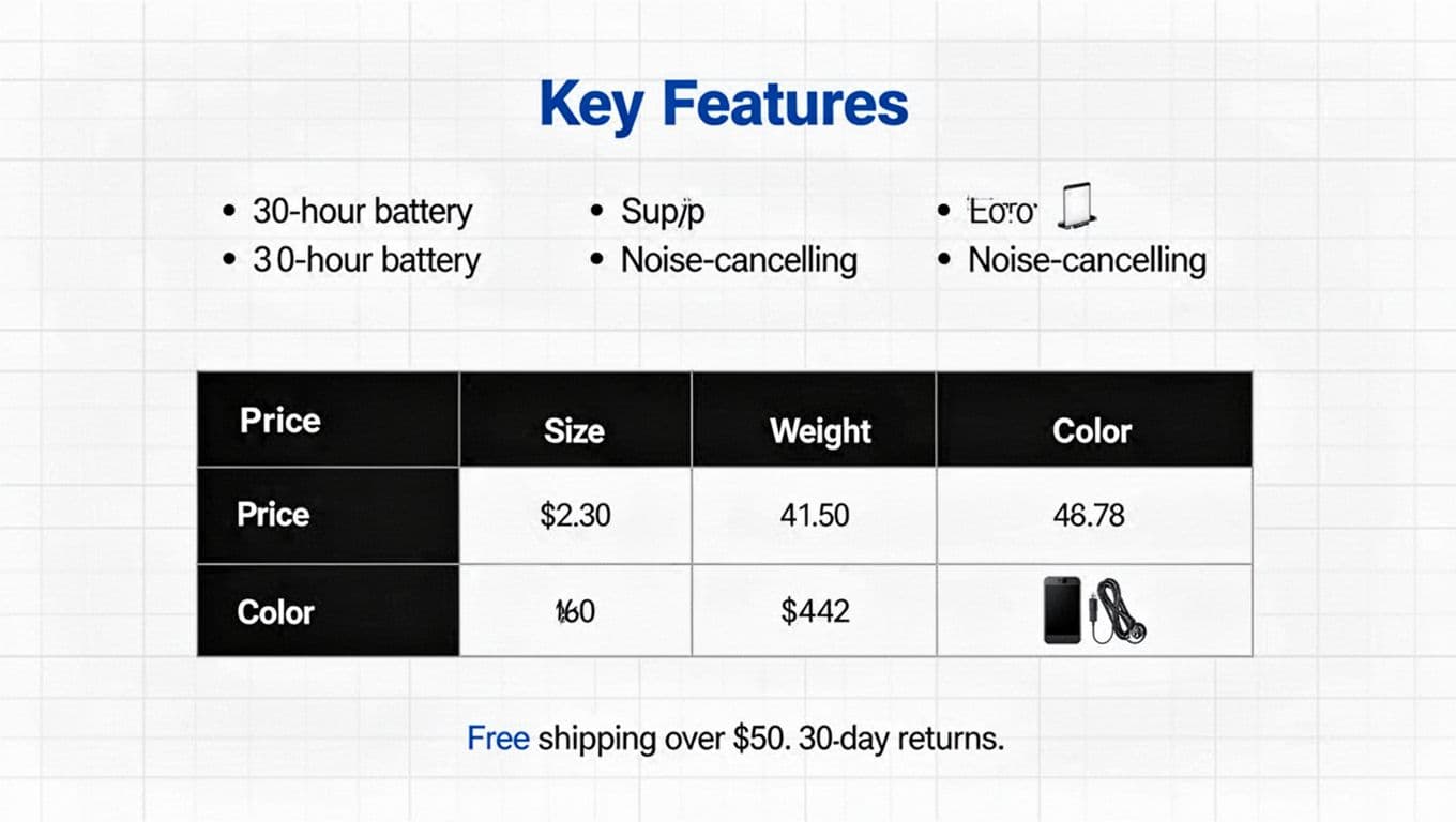 Clean, minimalist Swiss-style infographic for e-commerce product descriptions, featuring key features bullets, specs table, and shipping microcopy on a subtle grid background.