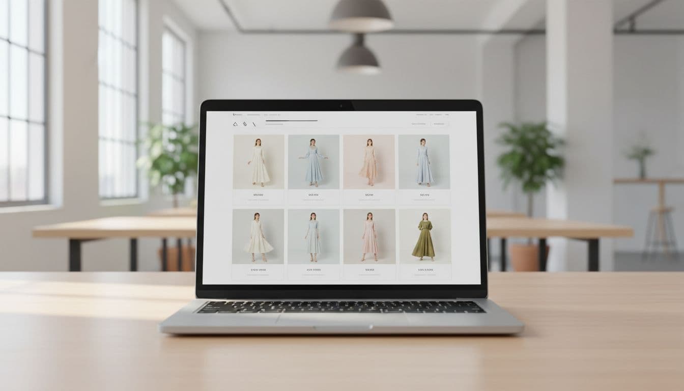 Desktop screen in a bright office showing a clean minimalist ecommerce collection page with a grid of 12 women's clothing product cards including dresses and blouses.