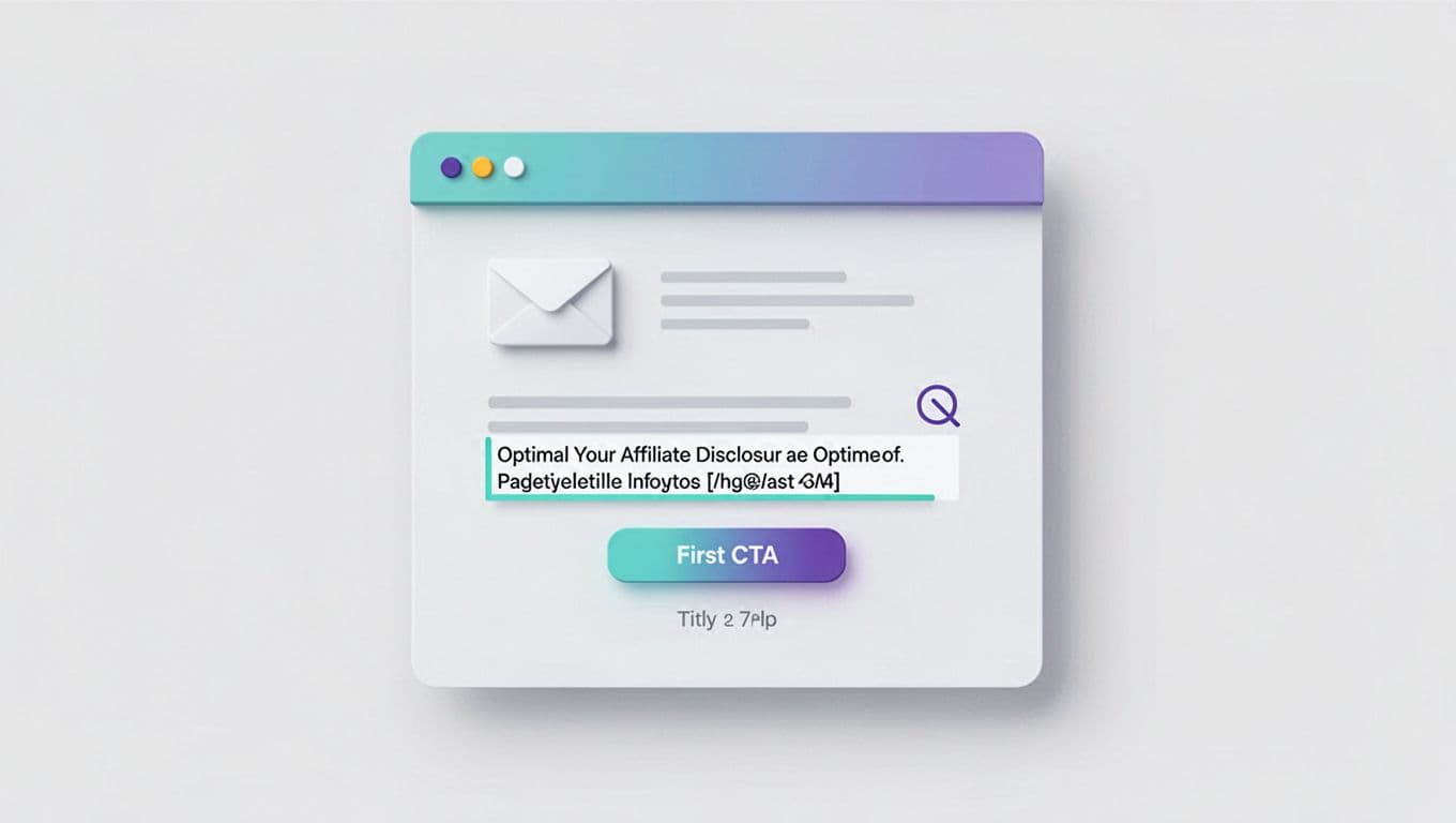 Clean modern flat-vector mockup of an email layout with subtle 3D gradients and optimal affiliate disclosure placement near the CTA button, using teal/indigo accents on a soft neutral background for a professional SaaS look.