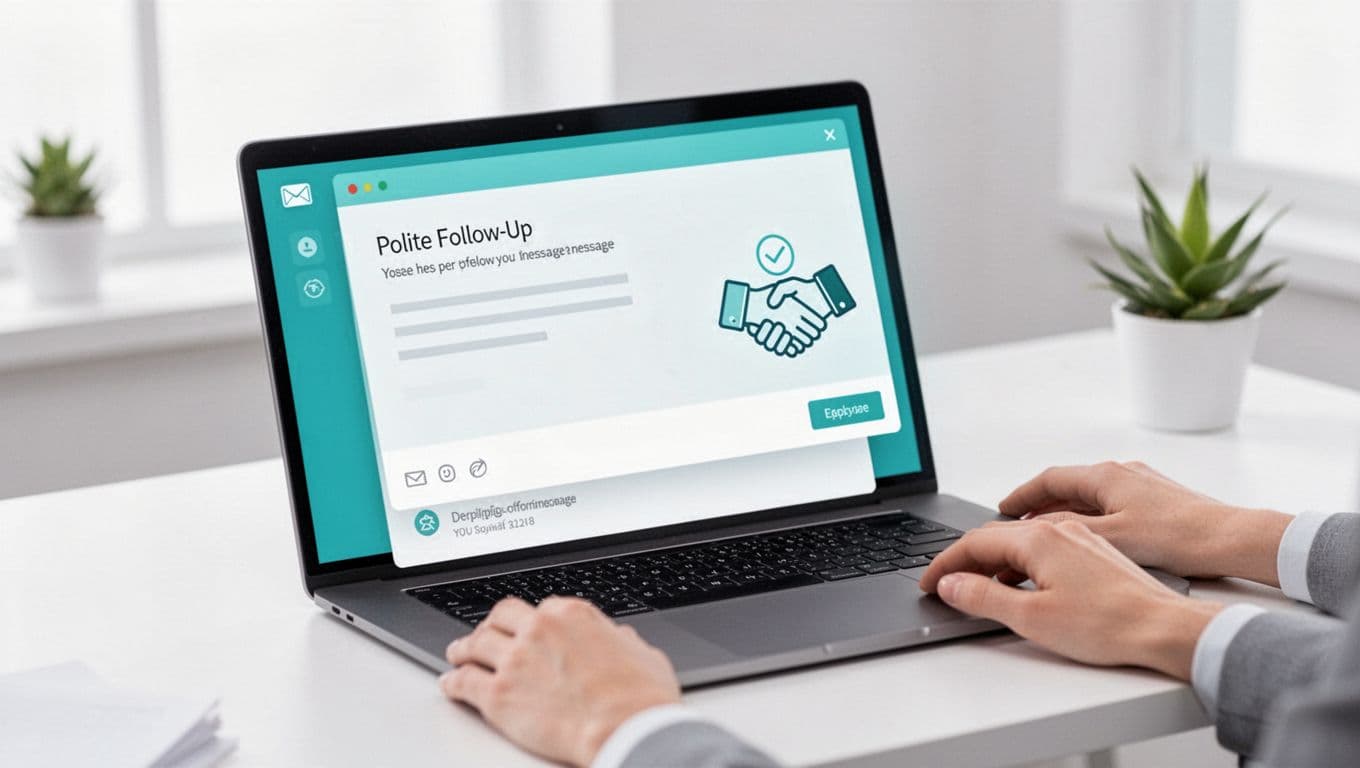 Clean, modern vector/3D hybrid illustration of a laptop screen showing a polite follow-up email draft with a handshake approval icon in a cozy workspace. Features soft gradients, teal accents, and a hopeful mood on a light background.