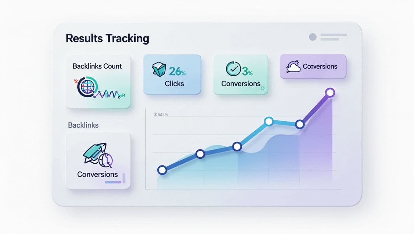 Clean modern flat-vector illustration of a results tracking dashboard featuring backlinks count, clicks, conversions icons, and a rising line chart with subtle 3D depth, soft gradients, and teal/blue/purple accents on white background.