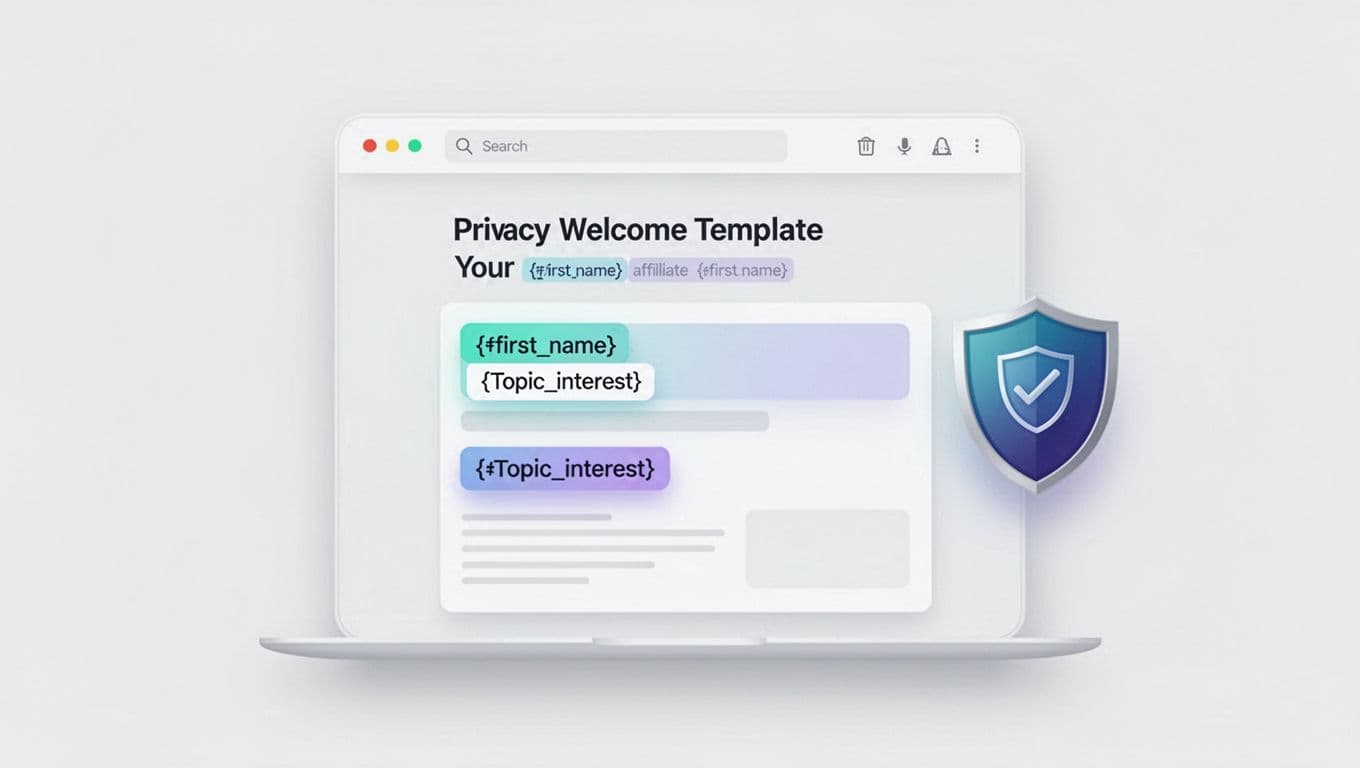 A clean, modern flat-vector illustration of an email template preview featuring subtle 3D gradients on personalization tokens like {{first_name}} and privacy shield icons, in a SaaS style with teal/indigo highlights on a neutral background.