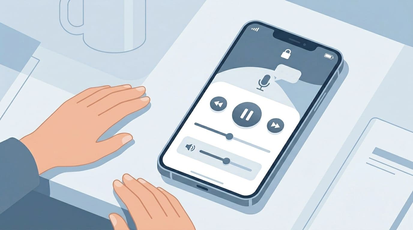 The 15-Minute Background Audio Control Test For Language Apps 3 Clean modern flat-design illustration of a smartphone lock screen during language app background audio playback, featuring media controls like play/pause buttons, skip forward/backward, progress bar, and volume slider in neutral blue-gray-white colors. Simple angled phone frame, exactly one device with two relaxed hands nearby, high readability, landscape ratio with content edge-to-edge.