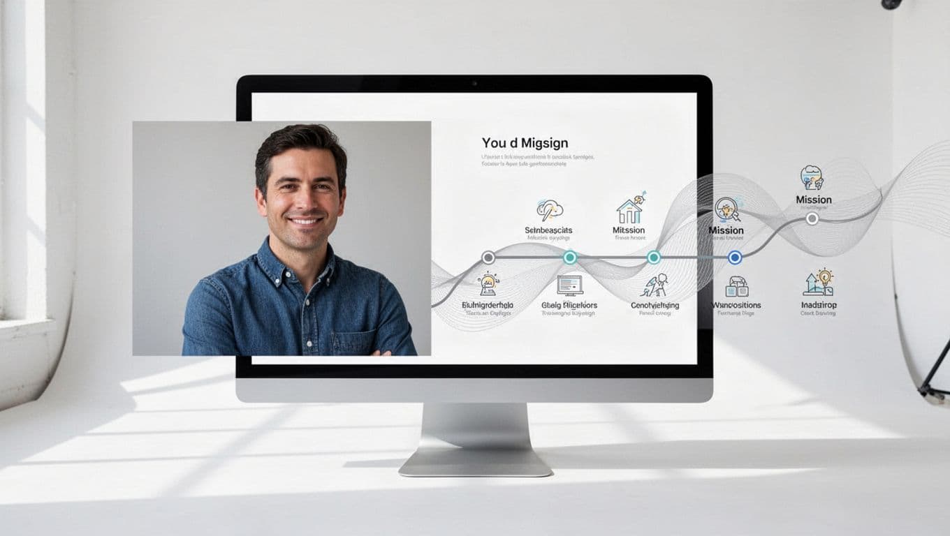 Professional clean website UX illustration of a modern about page founder story section with single founder photo on left, short bio timeline, and mission highlights on right, in desktop browser view on white background.