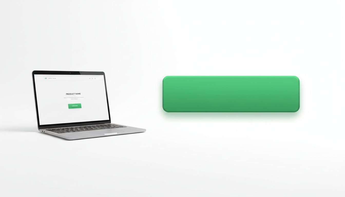 Close-up of a modern green CTA button with subtle glow and shadow on a clean white background, including a laptop screen for context in a professional web design style.