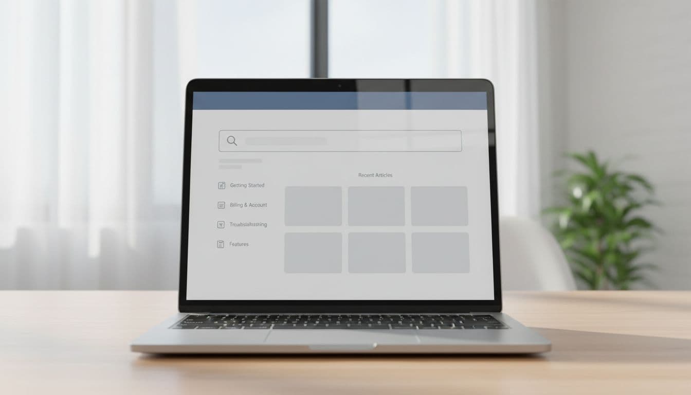 Clean modern help center interface on a laptop screen in a bright office setting, featuring a prominent search bar with subtle autocomplete suggestions, simple category navigation sidebar, and recent articles grid.